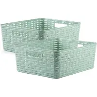 PlasticForte 3x stuks rotan gevlochten opbergmand/opbergbox kunststof - Mintgroen - 28 x 36 x 13.5 cm - Kast mandjes