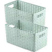 PlasticForte 6x stuks rotan gevlochten opbergmand/opbergbox kunststof - Mintgroen - 15 x 28 x 13 cm - Kast mandjes