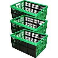 PlasticForte Boodschappenkrat - 3x stuks - 32L - 48 x 35 x 24 cm - vouwkrat - opvouwbaar - zwart/groen