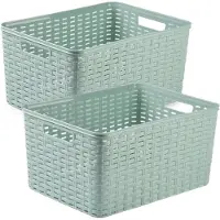 PlasticForte 3x stuks rotan gevlochten opbergmand/opbergbox kunststof - mintgroen - 38 x 28 x 19 cm - Kast mandjes