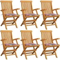 vidaXL Tuinstoelen 6 st met rood geruite kussens massief teakhout