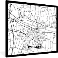 PosterMonkey Fotolijst incl. Poster Zwart Wit- Stadskaart – Zwart Wit - Kaart – Izegem – België – Plattegrond - 40x40 cm - Posterlijst
