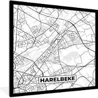 PosterMonkey Fotolijst incl. Poster Zwart Wit- Stadskaart – Zwart Wit - Kaart – Harelbeke – België – Plattegrond - 40x40 cm - Posterlijst