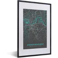 PosterMonkey Fotolijst incl. Poster - Stadskaart – Grijs - Kaart – Dendermonde – België – Plattegrond - 40x60 cm - Posterlijst