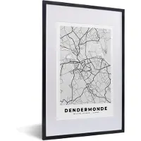 PosterMonkey Fotolijst incl. Poster Zwart Wit- Stadskaart – Zwart Wit - Kaart – Dendermonde – België – Plattegrond - 40x60 cm - Posterlijst