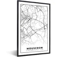 PosterMonkey Fotolijst incl. Poster Zwart Wit- Zwart Wit – België – Plattegrond – Stadskaart – Kaart – Mouscron - 40x60 cm - Posterlijst