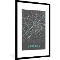 PosterMonkey Fotolijst incl. Poster - Plattegrond – Kortrijk – Blauw – Stadskaart - Kaart - 60x90 cm - Posterlijst