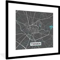 PosterMonkey Fotolijst incl. Poster - België – Tienen – Stadskaart – Kaart – Blauw – Plattegrond - 40x40 cm - Posterlijst