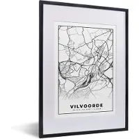 PosterMonkey Fotolijst incl. Poster Zwart Wit- Stadskaart – Plattegrond – België – Zwart Wit – Vilvoorde – Kaart - 30x40 cm - Posterlijst