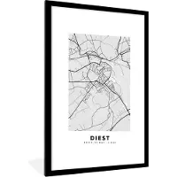 PosterMonkey Fotolijst incl. Poster Zwart Wit- Plattegrond – Diest – Zwart Wit – Stadskaart - Kaart - 60x90 cm - Posterlijst