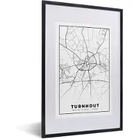 PosterMonkey Fotolijst incl. Poster Zwart Wit- Stadskaart – Zwart Wit - Kaart – Turnhout – België – Plattegrond - 40x60 cm - Posterlijst