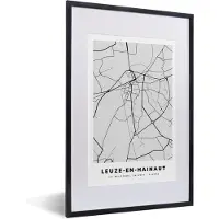 PosterMonkey Fotolijst incl. Poster Zwart Wit- Plattegrond – Leuze en Hainaut – Zwart Wit – Stadskaart - Kaart - 40x60 cm - Posterlijst