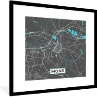 PosterMonkey Fotolijst incl. Poster - België – Mons – Stadskaart – Kaart – Blauw – Plattegrond - 40x40 cm - Posterlijst