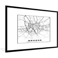 PosterMonkey Fotolijst incl. Poster Zwart Wit- Plattegrond – Brugge – Zwart Wit – Stadskaart - Kaart - België - 120x80 cm - Posterlijst