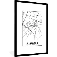 PosterMonkey Fotolijst incl. Poster Zwart Wit- België – Bastogne – Stadskaart – Kaart – Zwart Wit – Plattegrond - 80x120 cm - Posterlijst