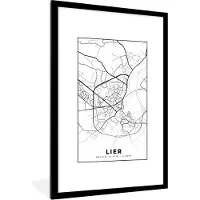 PosterMonkey Fotolijst incl. Poster Zwart Wit- België – Lier – Stadskaart – Kaart – Zwart Wit – Plattegrond - 80x120 cm - Posterlijst