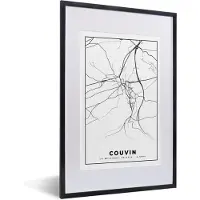 PosterMonkey Fotolijst incl. Poster Zwart Wit- Plattegrond – Couvin – Zwart Wit – Stadskaart - Kaart - België - 40x60 cm - Posterlijst
