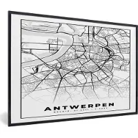 PosterMonkey Fotolijst incl. Poster Zwart Wit- België – Antwerpen – Stadskaart – Kaart – Zwart Wit – Plattegrond - 120x80 cm - Posterlijst