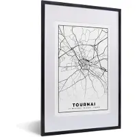 PosterMonkey Fotolijst incl. Poster Zwart Wit- Zwart Wit – België – Plattegrond – Stadskaart – Kaart – Tournai - 40x60 cm - Posterlijst