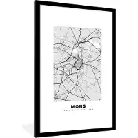 PosterMonkey Fotolijst incl. Poster Zwart Wit- België – Mons – Stadskaart – Kaart – Zwart Wit – Plattegrond - 80x120 cm - Posterlijst