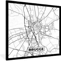 PosterMonkey Fotolijst incl. Poster Zwart Wit- Zwart Wit – België – Plattegrond – Stadskaart – Kaart – Brugge - 40x40 cm - Posterlijst