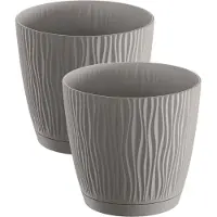 Prosperplast Plantenpot/bloempot Waves - 4x stuks - kunststof - steengrijs - D15 x H14 cm - binnen/buiten - met opvangschaal
