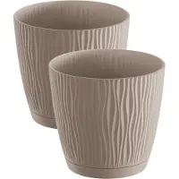 Prosperplast Plantenpot/bloempot Waves - 4x stuks - kunststof - taupe - D15 x H14 cm - binnen/buiten - met opvangschaal