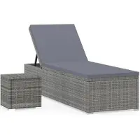 vidaXL Ligbed met kussen en theetafel poly rattan grijs