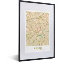 PosterMonkey Fotolijst incl. Poster - Plattegrond - Essen - Vintage - Kaart - Stadskaart - 40x60 cm - Posterlijst
