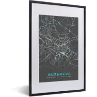 PosterMonkey Fotolijst incl. Poster - Stadskaart – Plattegrond – Duitsland – Blauw – Nürnberg – Kaart - 40x60 cm - Posterlijst