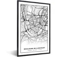PosterMonkey Fotolijst incl. Poster Zwart Wit- Kaart - Plattegrond - Boulogne-Billancourt - Frankrijk - Stadskaart - Zwart wit - 40x60 cm - Posterlijst