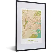 PosterMonkey Fotolijst incl. Poster - Sydney - Kaart - Vintage - Plattegrond - Stadskaart - 40x60 cm - Posterlijst