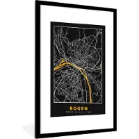 PosterMonkey Fotolijst incl. Poster - Kaart – Rouen - Stadskaart – Frankrijk – Plattegrond - 60x90 cm - Posterlijst