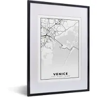 PosterMonkey Fotolijst incl. Poster Zwart Wit- Venetië - Plattegrond- Stadskaart - Zwart Wit - Kaart - 30x40 cm - Posterlijst