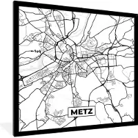 PosterMonkey Fotolijst incl. Poster Zwart Wit- Frankrijk - Metz - Kaart - Plattegrond - Stadskaart - Zwart wit - 40x40 cm - Posterlijst