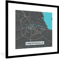 PosterMonkey Fotolijst incl. Poster - Duitsland – Blauw – Greifswald– Stadskaart – Kaart – Plattegrond - 40x40 cm - Posterlijst