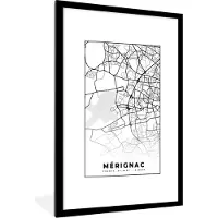 PosterMonkey Fotolijst incl. Poster Zwart Wit- Mérignac - Frankrijk - Plattegrond - Stadskaart - Kaart - Zwart wit - 80x120 cm - Posterlijst