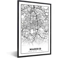 PosterMonkey Fotolijst incl. Poster Zwart Wit- Madrid - Zwart Wit - Stadskaart - Plattegrond - Kaart - 60x90 cm - Posterlijst