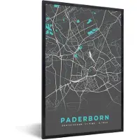 PosterMonkey Fotolijst incl. Poster - Plattegrond – Paderborn – Blauw – Stadskaart – Kaart - Duitsland - 60x90 cm - Posterlijst