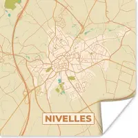 PosterMonkey Poster Kaart - Retro - Stadskaart - Plattegrond - Nijvel - 100x100 cm XXL