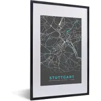 PosterMonkey Fotolijst incl. Poster - Plattegrond – Stuttgart – Blauw – Stadskaart – Kaart - Duitsland - 40x60 cm - Posterlijst