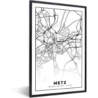PosterMonkey Fotolijst incl. Poster Zwart Wit- Frankrijk - Kaart - Metz - Plattegrond - Stadskaart - Zwart wit - 20x30 cm - Posterlijst