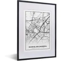 PosterMonkey Fotolijst incl. Poster Zwart Wit- Kaart – Stadskaart – Marcq-en-Barœul - Frankrijk – Plattegrond - Zwart wit - 30x40 cm - Posterlijst