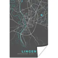 PosterMonkey Poster Stadskaart – Kaart – Lingen – Blauw – Duitsland – Plattegrond - 40x60 cm