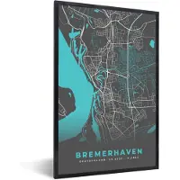 PosterMonkey Fotolijst incl. Poster - Blauw – Duitsland – Plattegrond – Stadskaart – Kaart – Bremerhaven - 60x90 cm - Posterlijst