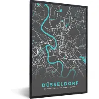PosterMonkey Fotolijst incl. Poster - Duitsland – Blauw – Düsseldorf – Stadskaart – Kaart – Plattegrond - 20x30 cm - Posterlijst