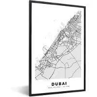 PosterMonkey Fotolijst incl. Poster Zwart Wit- Dubai - Stadskaart - Plattegrond - Zwart Wit - Kaart - 80x120 cm - Posterlijst