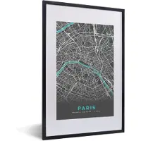 PosterMonkey Fotolijst incl. Poster - Parijs - Plattegrond - Frankrijk - Stadskaart - Kaart - 40x60 cm - Posterlijst