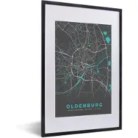 PosterMonkey Fotolijst incl. Poster - Oldenburg – Stadskaart – Blauw – Plattegrond – Stadskaart – Kaart - Duitsland - 40x60 cm - Posterlijst