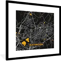 PosterMonkey Fotolijst incl. Poster - Duitsland – Black and Gold – Ratingen – Stadskaart – Kaart – Plattegrond - 40x40 cm - Posterlijst